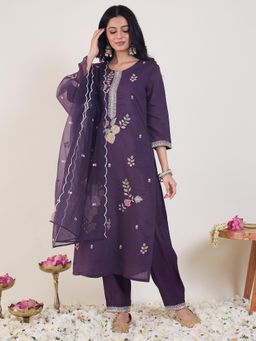 Indo Era - Purple Floral Embroidered Straight Kurta with Pant and Dupatta
