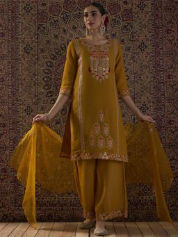 Indo Era - Mustard Floral Embroidered Straight Kurta and Palazzo With Dupatta