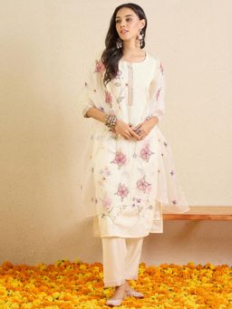Indo Era - Off White Floral Embroidered Straight Kurta with Pant and Dupatta
