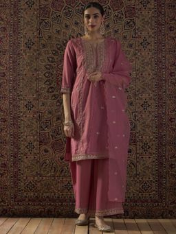 Indo Era - Pink Embroidered Straight Kurta and Palazzo With Dupatta