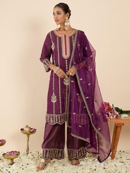 Indo Era - Burgundy Embroidered Straight Kurta and Palazzo With Dupatta