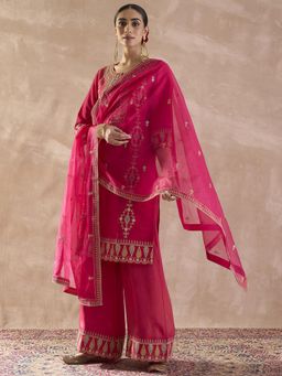 Indo Era - Pink Embroidered Straight Kurta and Palazzo With Dupatta