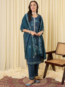 Indo Era - Blue Floral Embroidered Straight Kurta with Pant and Dupatta