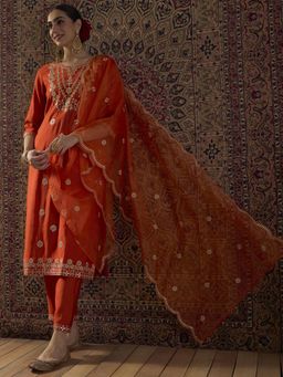 Indo Era - Orange Embroidered Straight Kurta with Pant and Dupatta