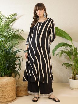 Indo Era - Black Printed Straight Kurta with Palazzo