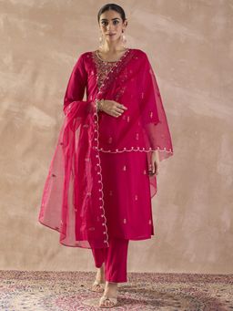 Indo Era - Pink Floral Embroidered Straight Kurta with Pant and Dupatta