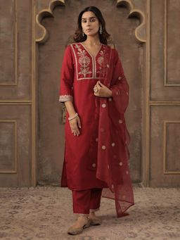 Indo Era - Maroon Embroidered Straight Kurta with Pant and Dupatta