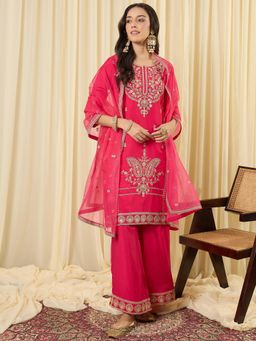 Indo Era - Pink Embroidered Straight Kurta and Palazzo With Dupatta
