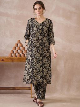 Indo Era - Black Floral Printed Straight Co-Ord Set