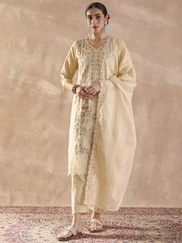 Indo Era - Beige Embroidered Straight Kurta with Pant and Dupatta