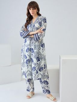 Indo Era - White Printed Straight Co-Ord Set