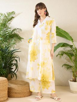 Indo Era - Off White Printed A-Line Kurta with Pant