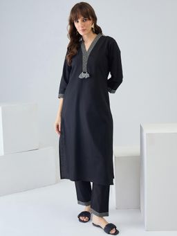 Indo Era - Black Solid Straight Kurta with Pant