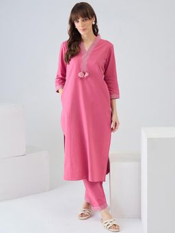 Indo Era - Pink Solid Straight Kurta with Pant