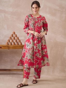 Indo Era - Red Floral Printed A-Line Co-Ord Set