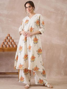 Indo Era - Off White Floral Printed A-Line Kurta with Palazzo