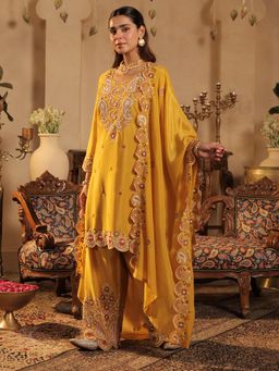 Indo Era - Mustard Paisley Embroidered Straight Kurta and Palazzo With Dupatta