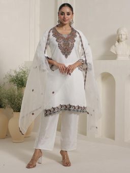Indo Era - Off White Embroidered Straight Kurta with Pant and Dupatta