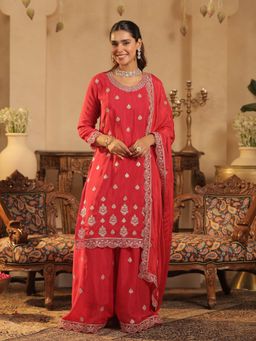 Indo Era - Pink Embroidered Straight Kurta and Palazzo With Dupatta