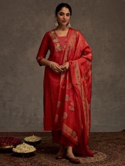 Indo Era - Rust Embroidered Straight Kurta with Pant and Dupatta