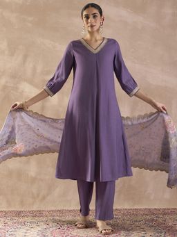 Indo Era - Purple Solid A-Line Kurta with Pant and Dupatta