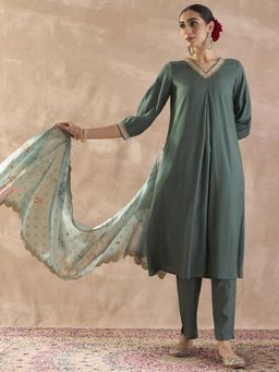 Indo Era - Teal Solid A-Line Kurta with Pant and Dupatta
