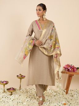 Indo Era - Beige Embroidered Straight Kurta with Pant and Dupatta