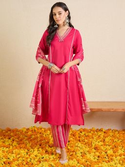 Indo Era - Pink Printed A-Line Kurta with Pant and Dupatta