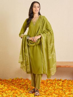 Indo Era - Olive Printed A-Line Kurta with Pant and Dupatta