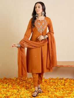 Indo Era - Rust Floral Embroidered Straight Kurta with Pant and Dupatta