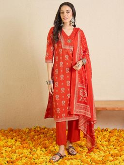 Indo Era - Rust Floral Printed Straight Kurta with Pant and Dupatta