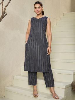 Indo Era - Navy Blue Printed Straight Co-Ord Set