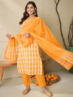 Indo Era - Yellow Printed Straight Kurta with Pant and Dupatta