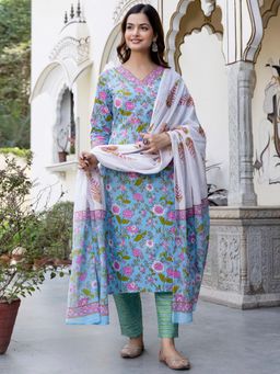 Indo Era - Blue Floral Printed Straight Kurta with Pant and Dupatta