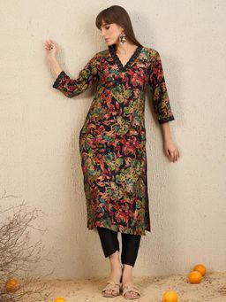 Indo Era - Black Printed Straight Kurta with Pant