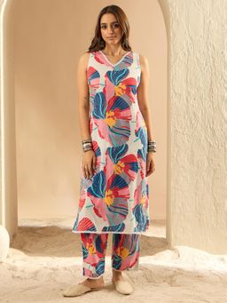 Indo Era - White Floral Printed Straight Co-Ord Set