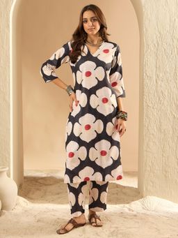Indo Era - Black Floral Printed Straight Co-Ord Set