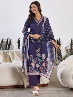 Indo Era - Purple Floral Printed Straight Kurta with Pant and Dupatta