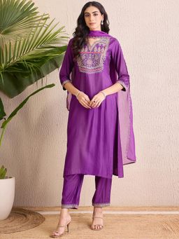 Indo Era - Purple Embroidered Straight Kurta with Pant and Dupatta