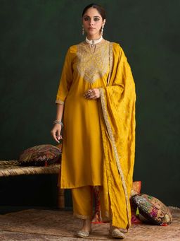 Indo Era - Yellow Embroidered Straight Kurta with Pant and Dupatta