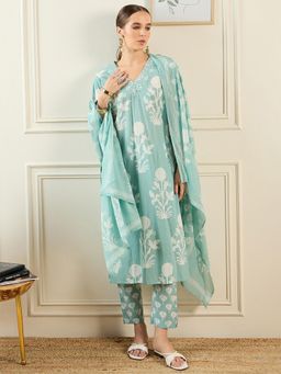 Indo Era - Green Printed Straight Kurta with Pant and Dupatta