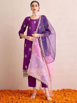 Indo Era - Purple Straight Embroidered Kurta with Pant and Dupatta