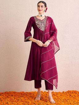 Indo Era - Burgundy Embroidered A-Line Kurta and Palazzo With Dupatta