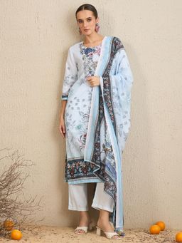 Indo Era - White Floral Printed Straight Kurta with Pant and Dupatta