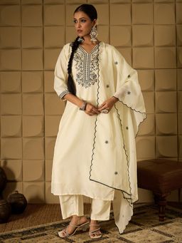 Indo Era - Beige Embroidered Straight Kurta with Pant and Dupatta