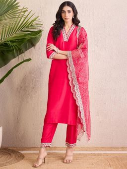 Indo Era - Pink Embroidered Straight Kurta with Pant and Dupatta
