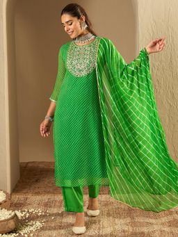 Indo Era - Green Printed Straight Kurta with Pant and Dupatta