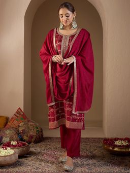 Indo Era - Maroon Woven Straight Kurta with Pant and Dupatta