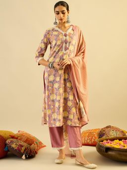 Indo Era - Mauve Floral Printed Straight Kurta with Pant and Dupatta - Purple