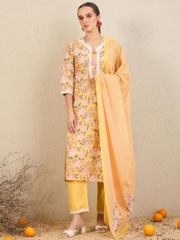 Indo Era - Yellow Floral Printed Straight Kurta with Pant and Dupatta